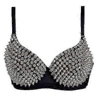 Women Push Up Bra, Spike Rivet Metallic Punk Steampunk Dance Brassiere, Adjustable Straps, Cotton Blend, Silver Gold