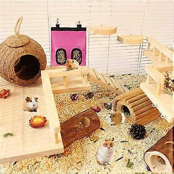 Pet hay bag for rabbits, hay feeding bag, hanging feeding bag for guinea pigs and chinchillas, hay bag with 4 holes, rose red1052