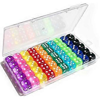 Set van 50 dobbelstenen, 14 mm standaard 6-zijdige gekleurde dobbelstenen met plastic opbergdoos voor bordspellen, wiskundeonderwijs en gezelschapsspellen.