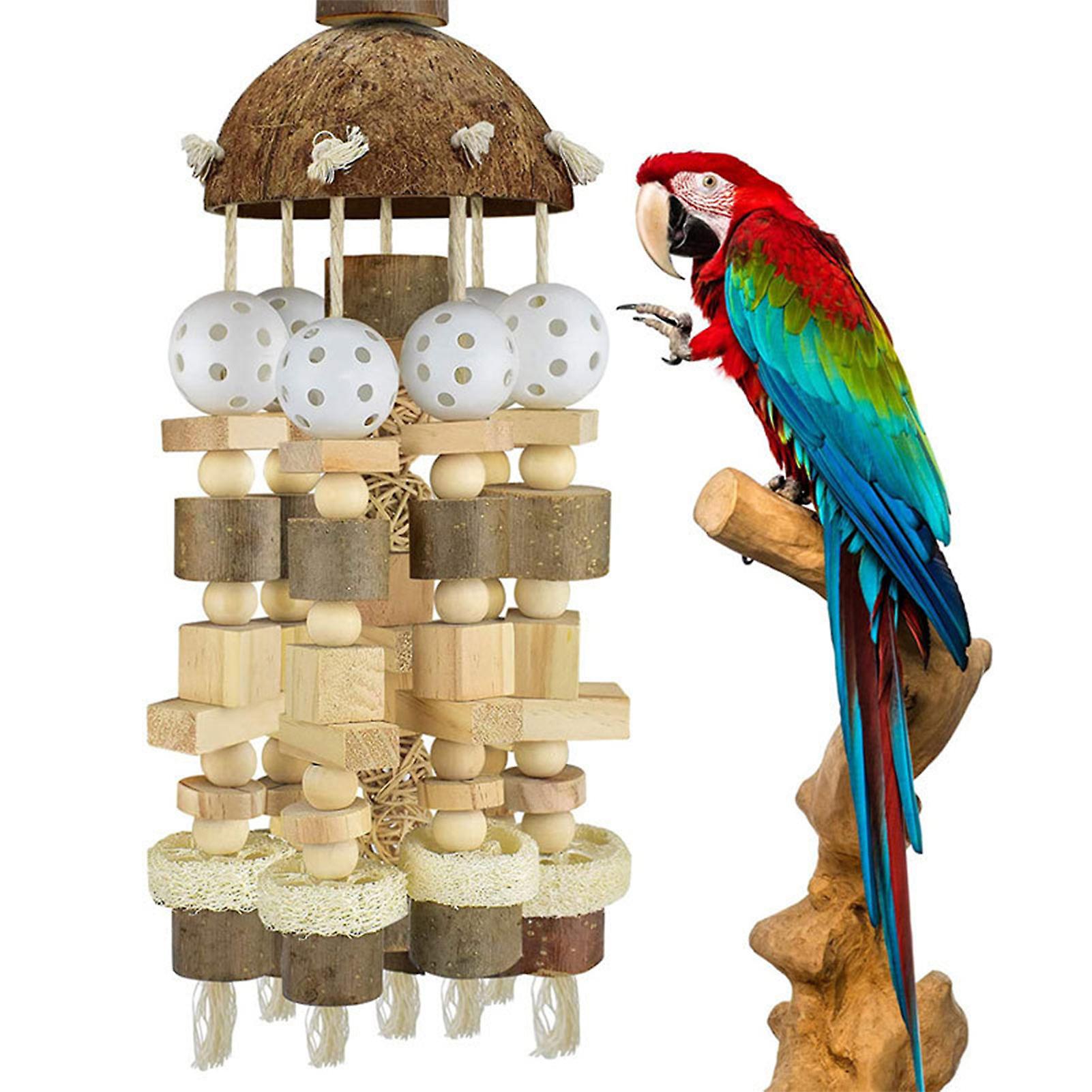 Wooden Hanging Chew Toy For Bird Coconut Shell Wood Block Knots Tearing Toy For Budgie Bird Toy Accessories