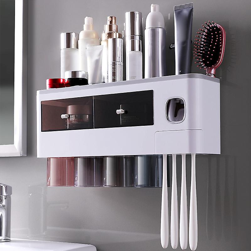 Wall Mounted Toothbrush Holder Multi Function Magnetic Absorption Bathroom Storage Rack with Drawer Toothpaste Dispenser 4 Cup Translucent Gray (38.4