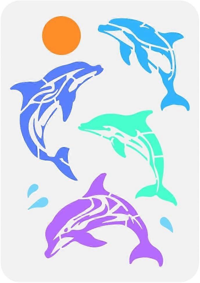 Dolphins Painting Stencil 11.7x8.3 inch Reusable 4 Styles Sea Creatures Dolphins Moon Drawing Template DIY Summer Ocean Theme Decor Stencil