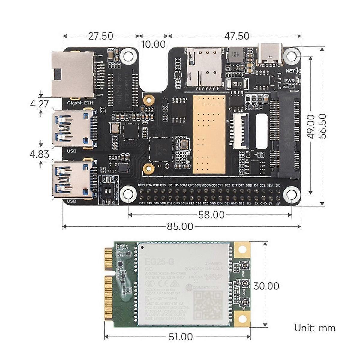 For 5 PCle to MiniPCle GbE USB3.2 HAT+ Gigabit Ethernet with EG25-G 4G Module Supports MiniPCIe Interface