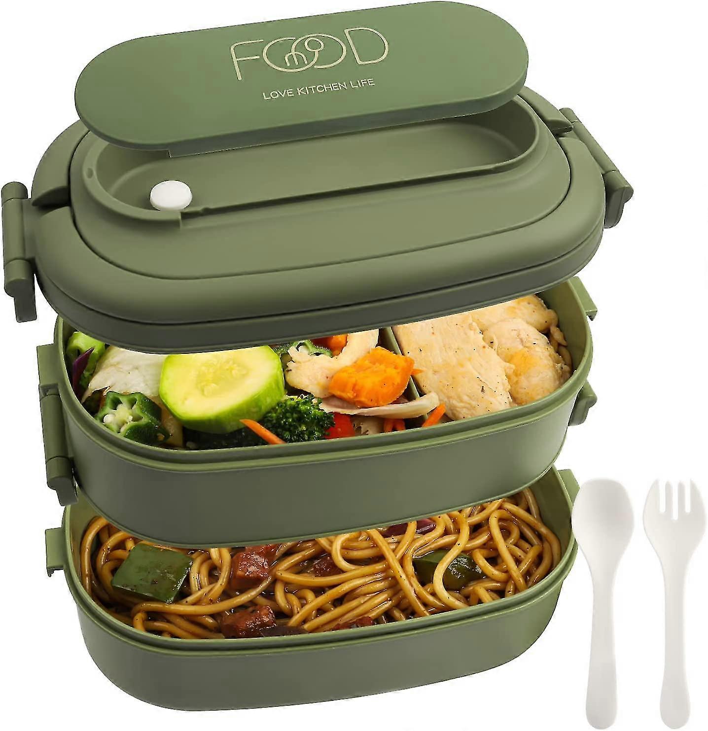 Men's 2 Tier 3 Compartment Plastic Lunch Box With Cutlery (green) 1 Pieces