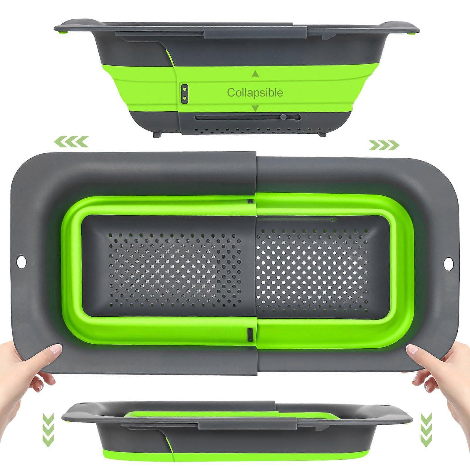 Over The Sink Collapsible Colander Strainer Basket, Extendable Silicone Sieves and Strainers, Wash Vegetables and Fruits, Drain Cooked Pasta, green