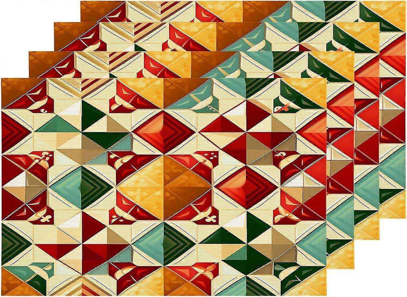 Christmas Abstract Patchwork Placemats, New Year Red Yellow Geometric Table Mat Linen Burlap Washable Double-Deck Heat Insulation for Dining Table Kit