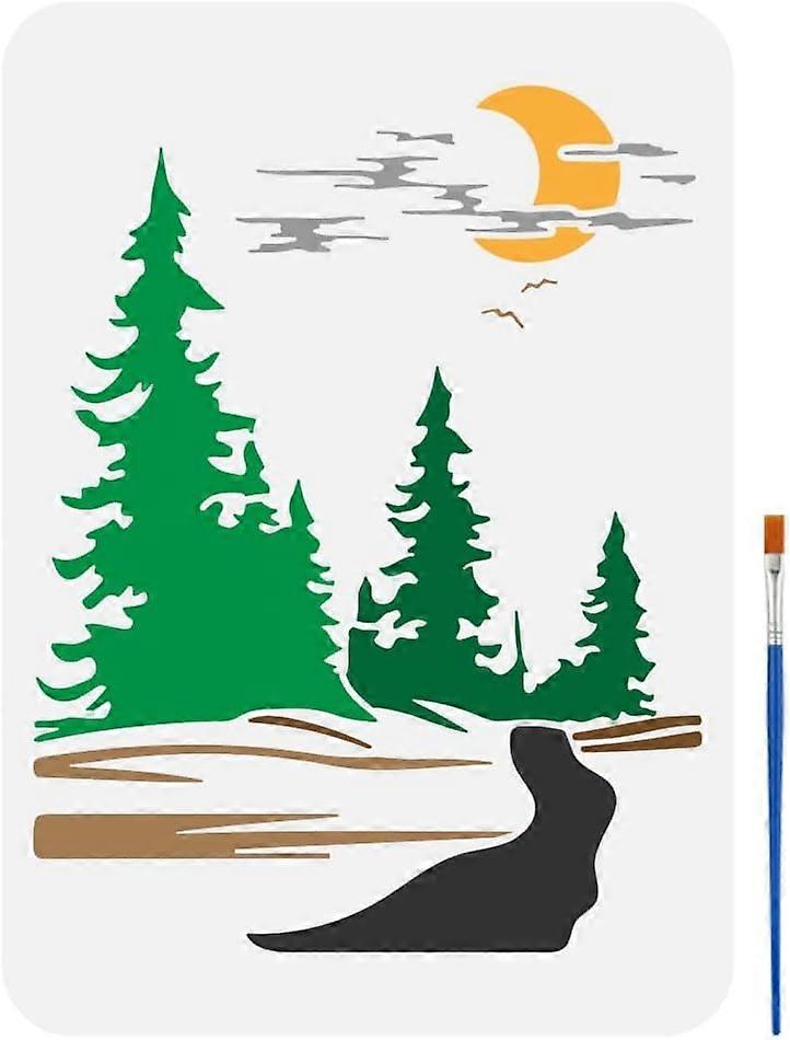 Moon Forest Road Painting Stencil with 1Pc Art Paint Brush 8.3x11.7" Reusable Moon and Forest Stencil Moonlight Path Template Stencil Landscape Themes