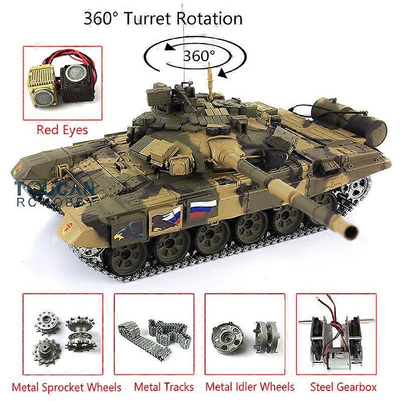 Upgraded Ver 1/16 TK7.0 Russia T90 RC Tank 3938 W/ 360 Turret Red Eyes Metal Tracks Armored Toy TH17848