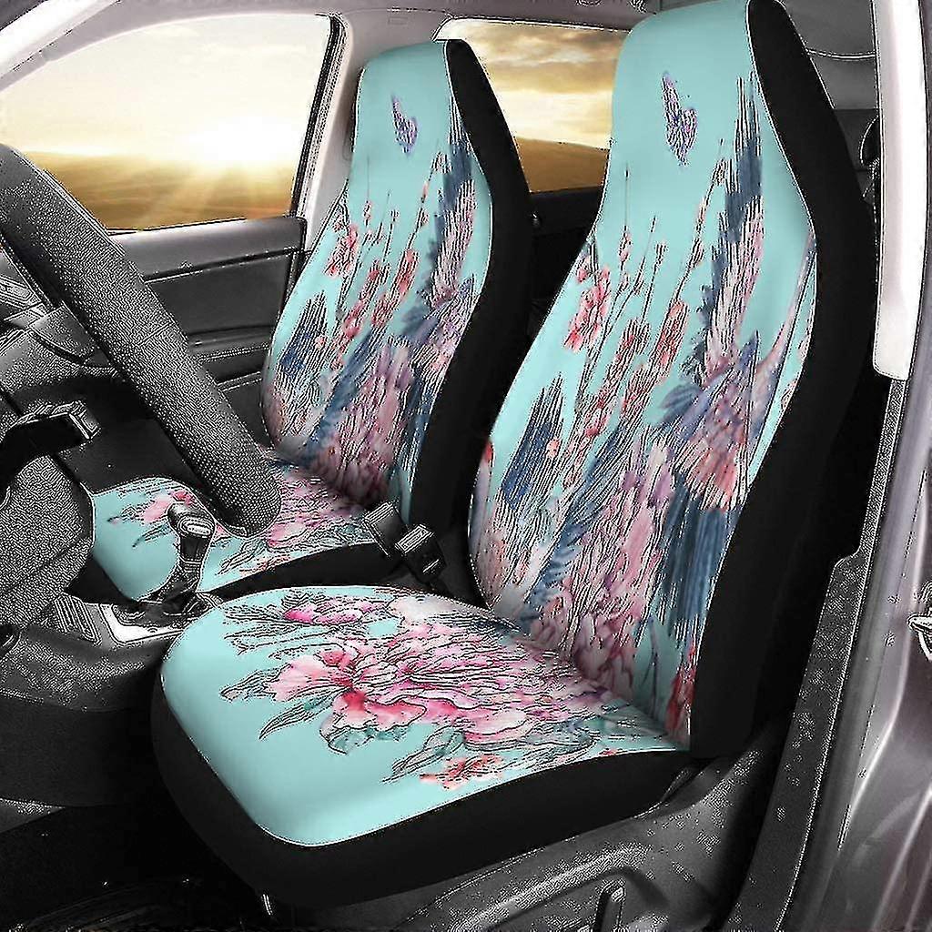 Set Of 2 Car Seat Covers Watercolor Nature Crane Pink Flowers Blooming Branches Of Cherry Universal Auto Front Seats Protector Fits