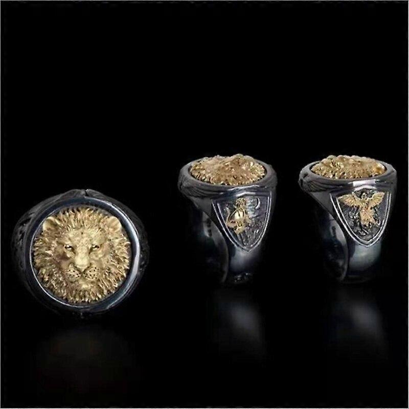 Signet Ring Male Vivid Big Gold Lion Head Man Black Ring Two-color Luxury Ring Punk Ring Man Angel and Devil Ring
