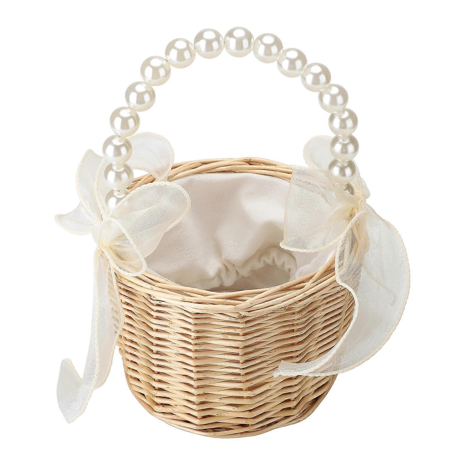 Classical Wicker Rattan Basket for Wedding Decor, Romantic Atmosphere with Pearl Handle, Multi-functional Handmade Storage Basket for Home
