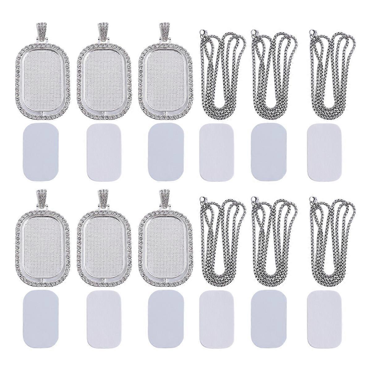 24Pcs Sublimation Rhinestone Trays Pendant Set, 6 Blank Bezel Trays, 6 Pcs Chains with 12 Discs, Rectangle Style