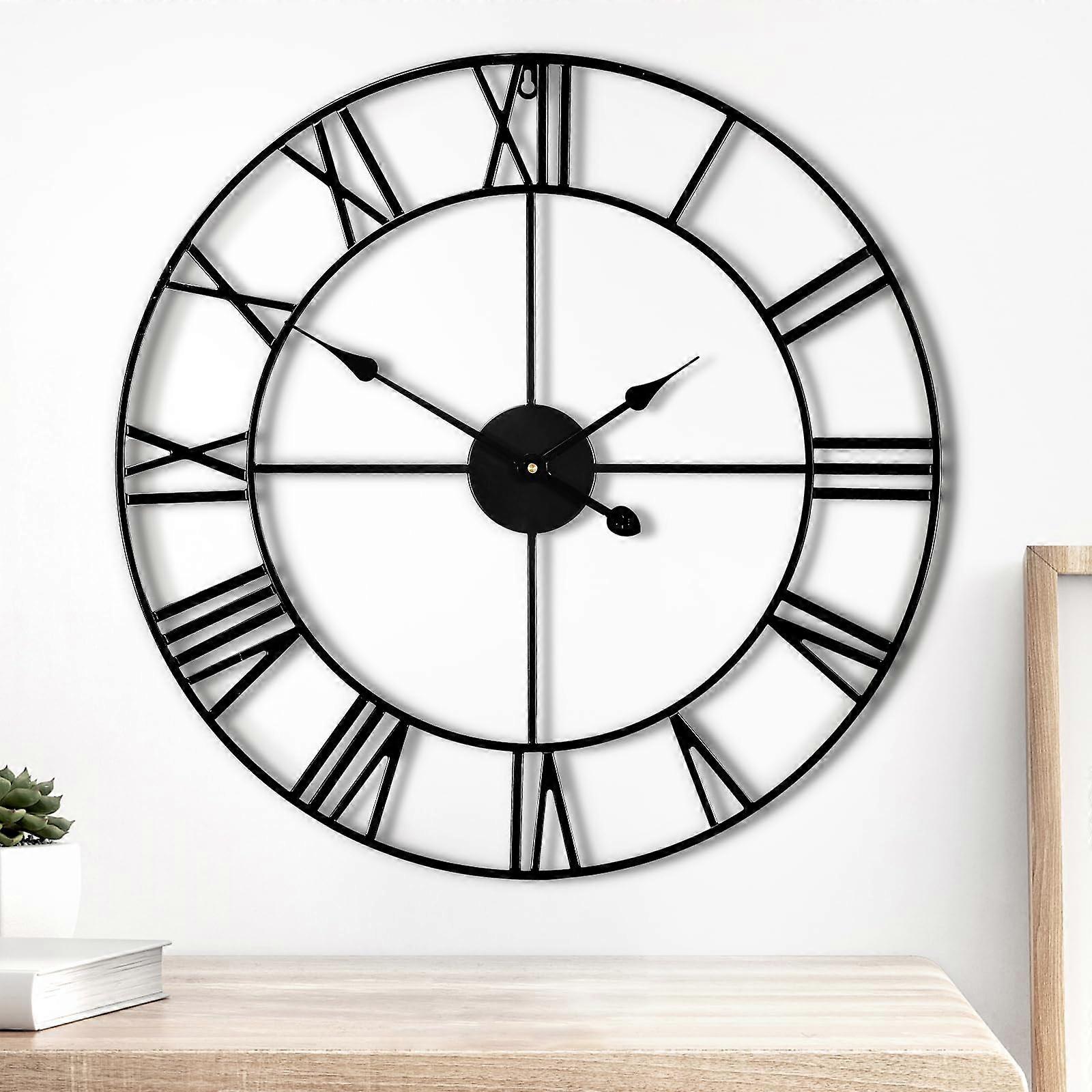 24 Large modern metal wall clocks, round quiet roman numbers big clock, black