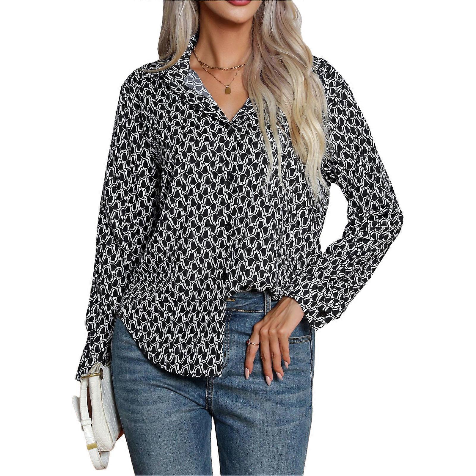 Modna bluzka z geometrycznym nadrukiem Geometryczny nadruk z długim rękawem Top Button Up Turn Down Collar Printed Bluzka dla kobiet