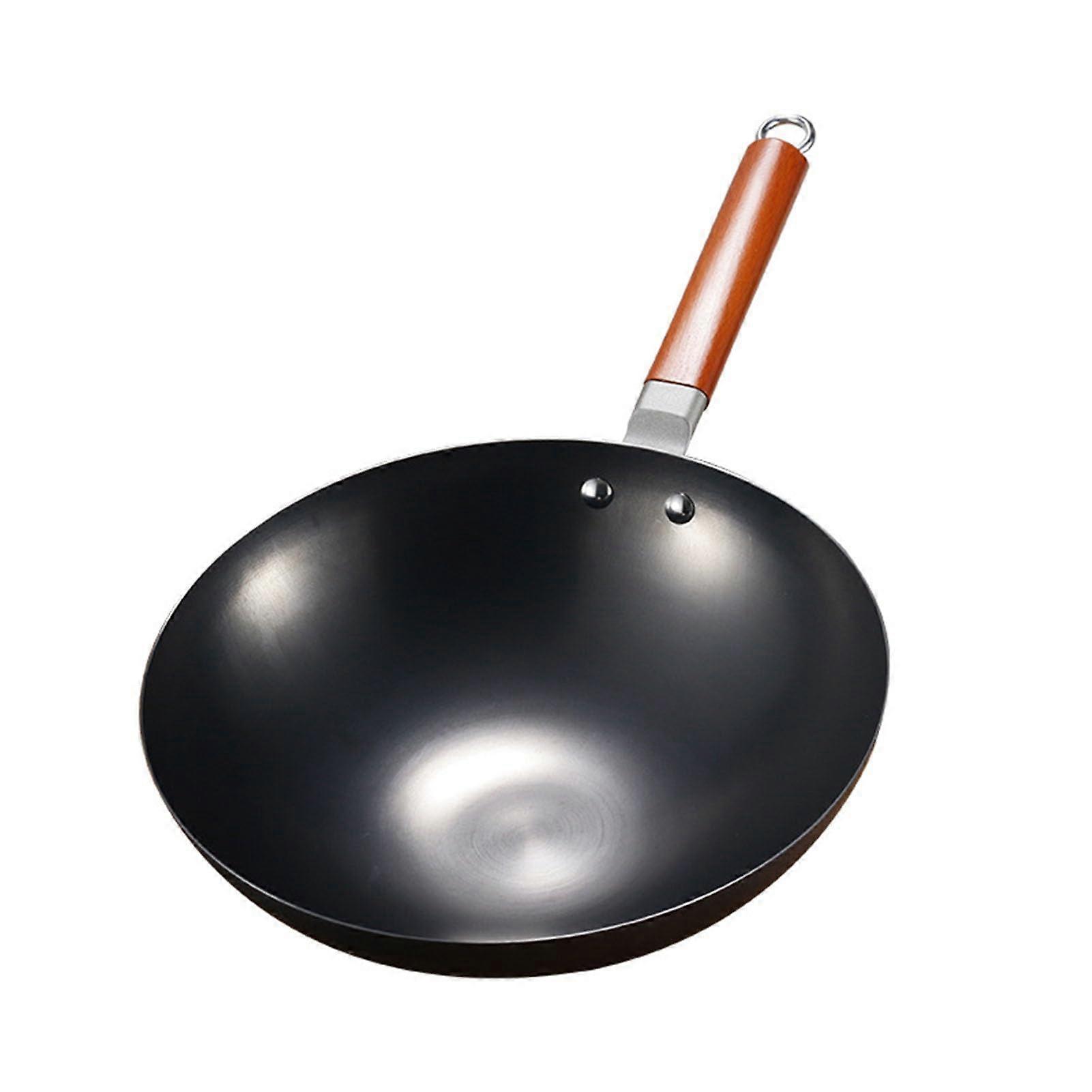 Woks & stir-Fry Pans,Uncoated Cast Iron Wok, Chinese Traditional Hand Hammered Wok with Wooden Handle