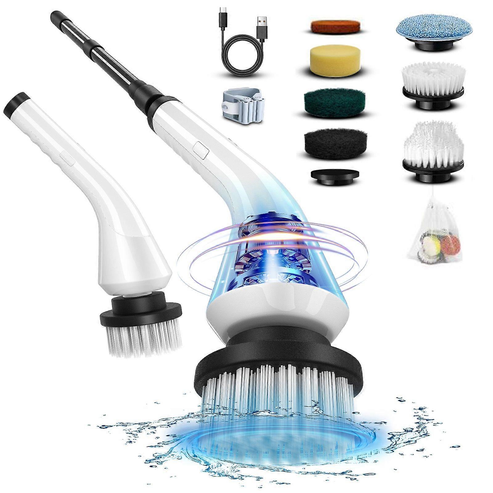 Electric Floor Cleaner Spin Scrubber with 8 Interchangeable Cleaning Heads and Detachable Extension Handle Electric Cleaning Tool for Home