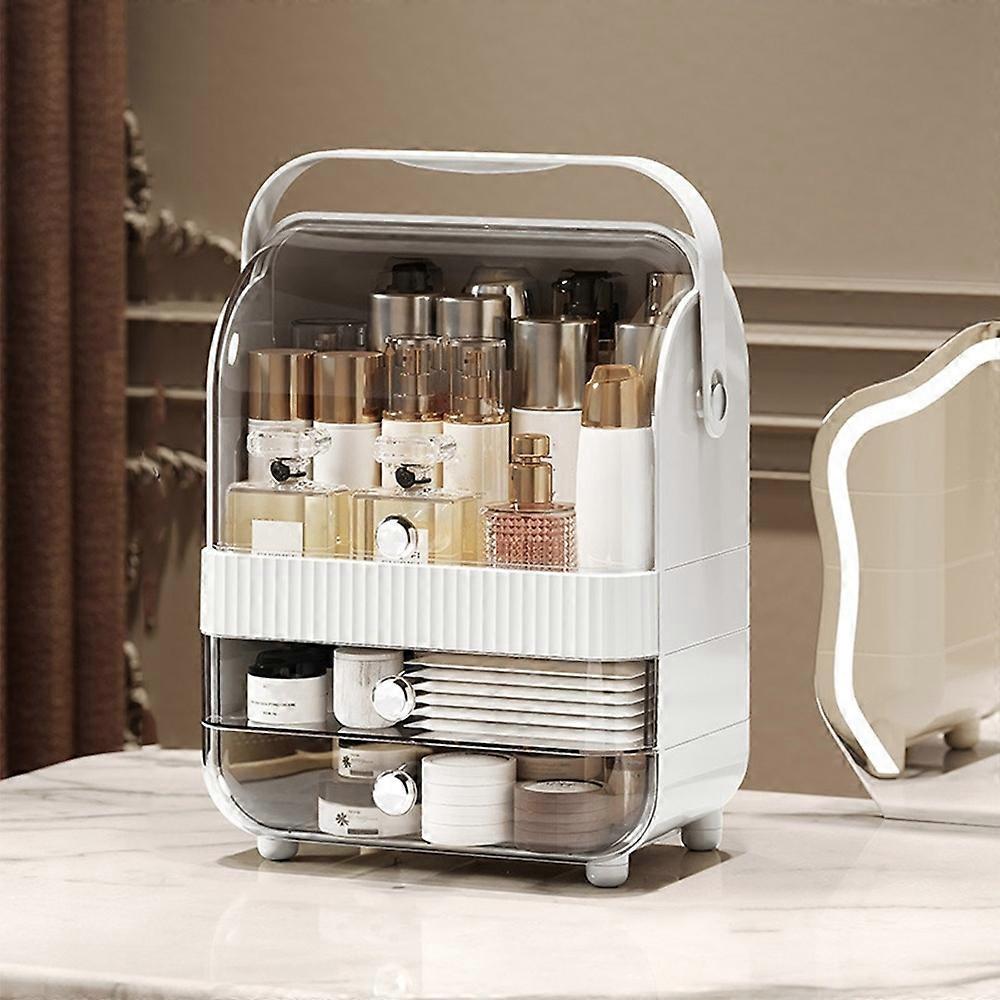Size S Dust-Proof Makeup Organizer PET Multi-Layer Flip-Top Cosmetic Storage Box with Handle - Ivory