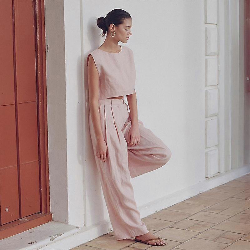 Spring Summer Cotton Vest Pants Outfit Women Pullover Sleeveless Tank Top High Waist Loose Straight Wide Leg Pants Two Piece Set
