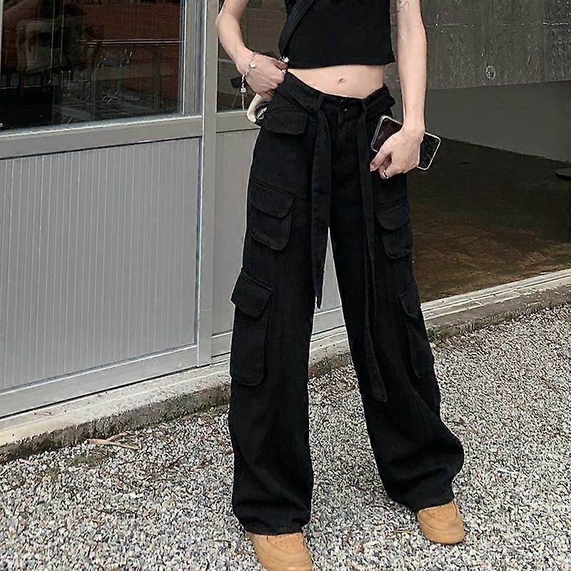 Women's Cargo Pants High Waist Baggy Jeans With Waistbelt Casual Wide Leg Trourser With Multiple Pockets Full Length
