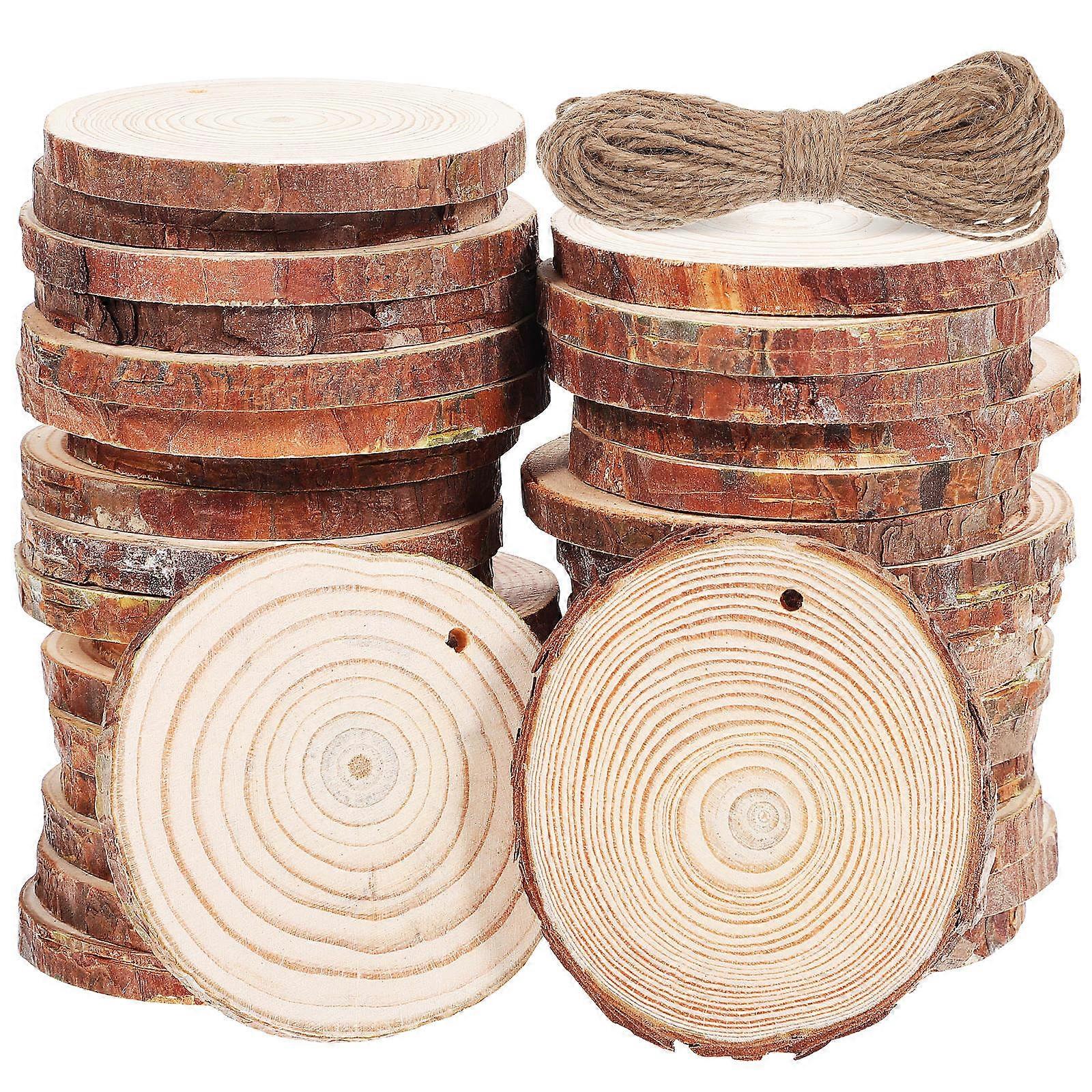 50pcs Unfinished Wood Slices with Jute Twine, Pre Drilled Wooden Circles for DIY Crafts, Wedding Decor & Handmade Projects