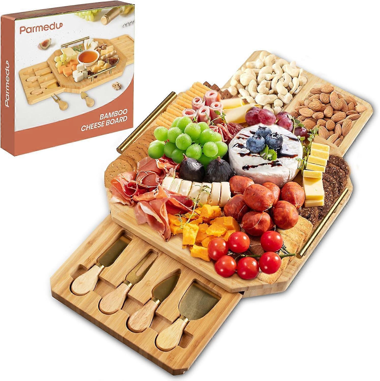 Bamboo Serving Set: Appetizer & Cheese Board Serving Tray Charcuterie Board Set with Forks and Knives & Ergonomic Metal Handle