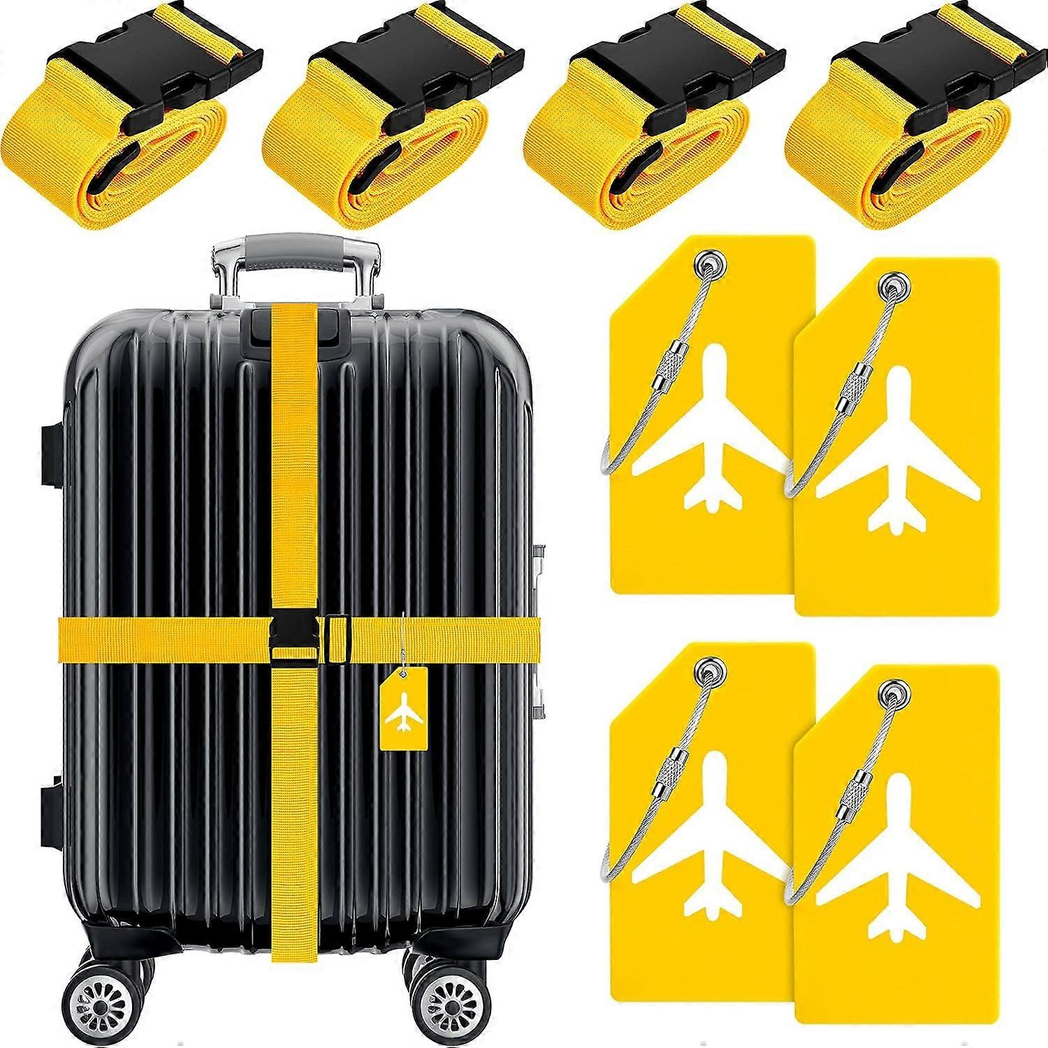 8-Piece TSA Luggage Set - 4 Adjustable Straps + 4 Silicone Tags with Card Slots - Luggage Travel Accessories (Yellow)