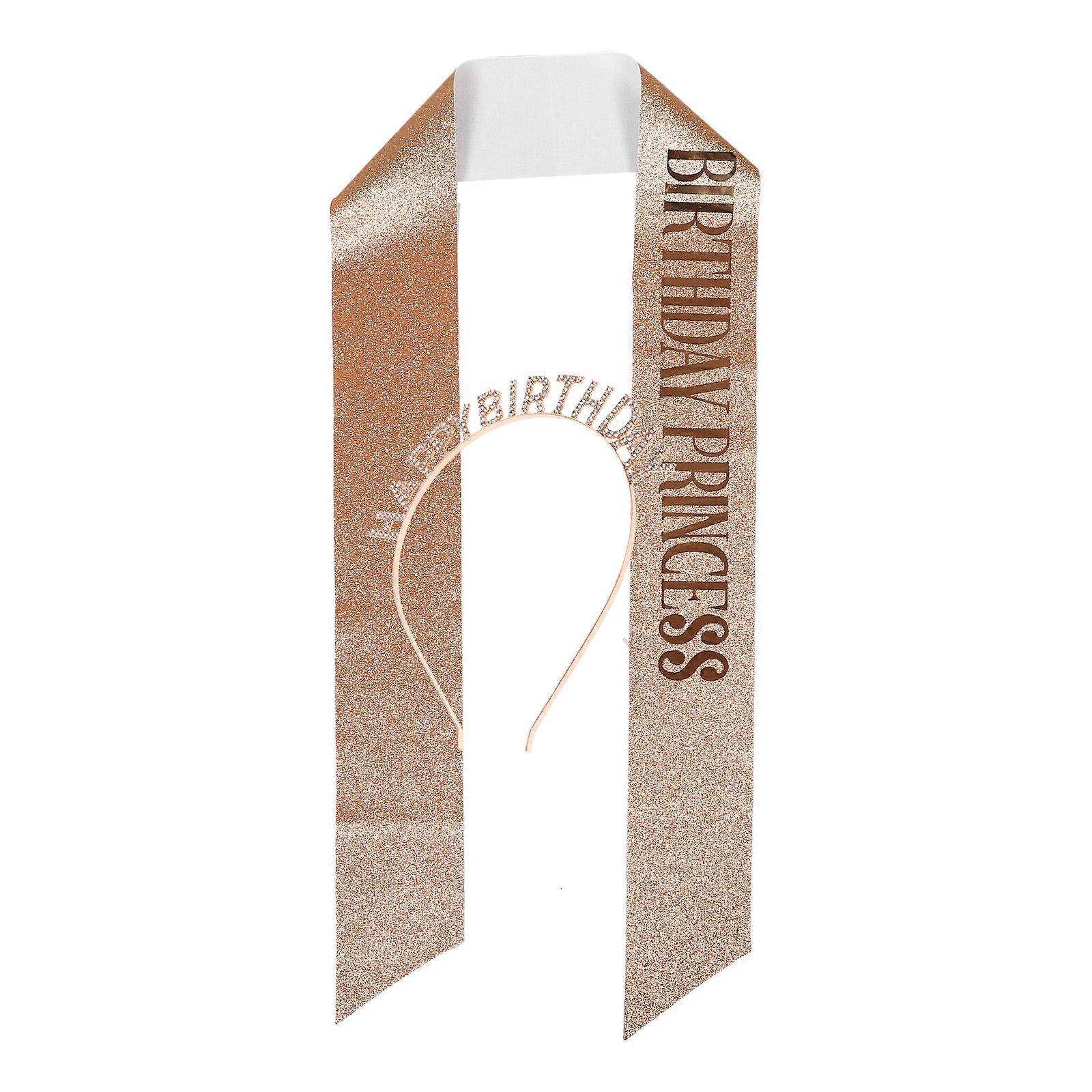 Ensemble écharpe et bandeau d'anniversaire pour femme, en métal doré rose, avec taille ajustable.