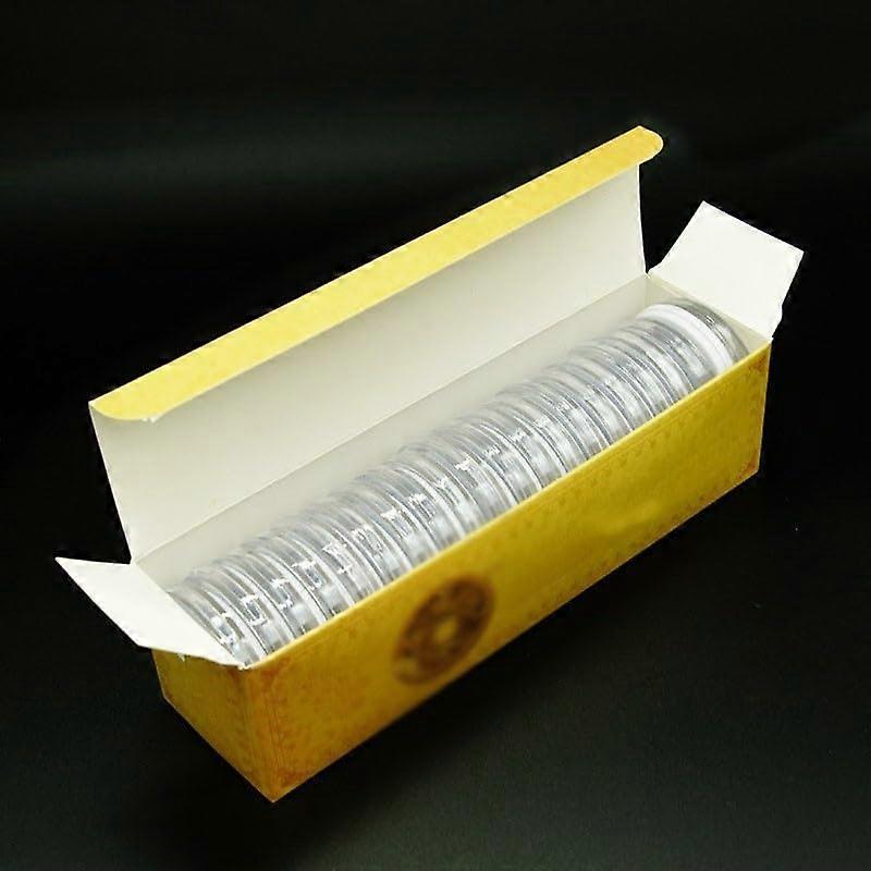 Transparent round storage boxes for coins, 20 pieces, with handles for easy access and organization.