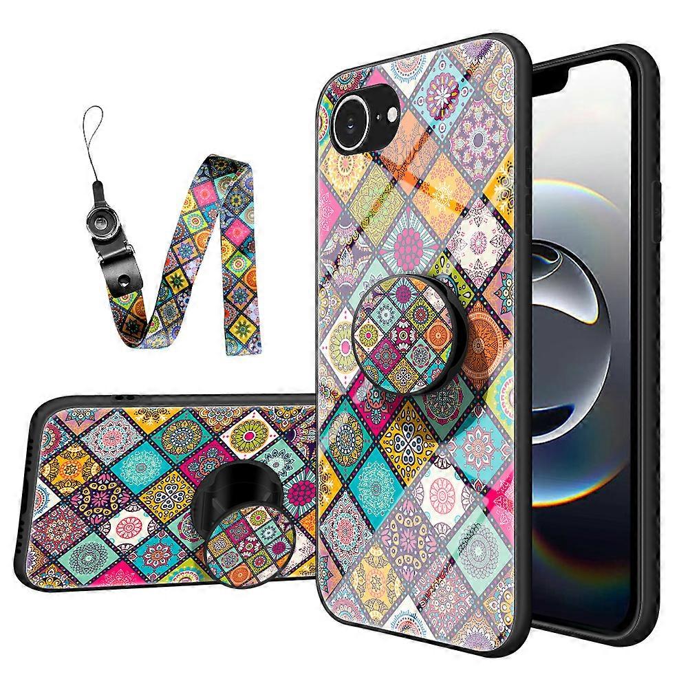 غطاء الحالات لجهاز iPhone 16e Case Kickstand النمط العرقي غطاء هاتف من الزجاج المقسى مع حزام - نمط متقلب