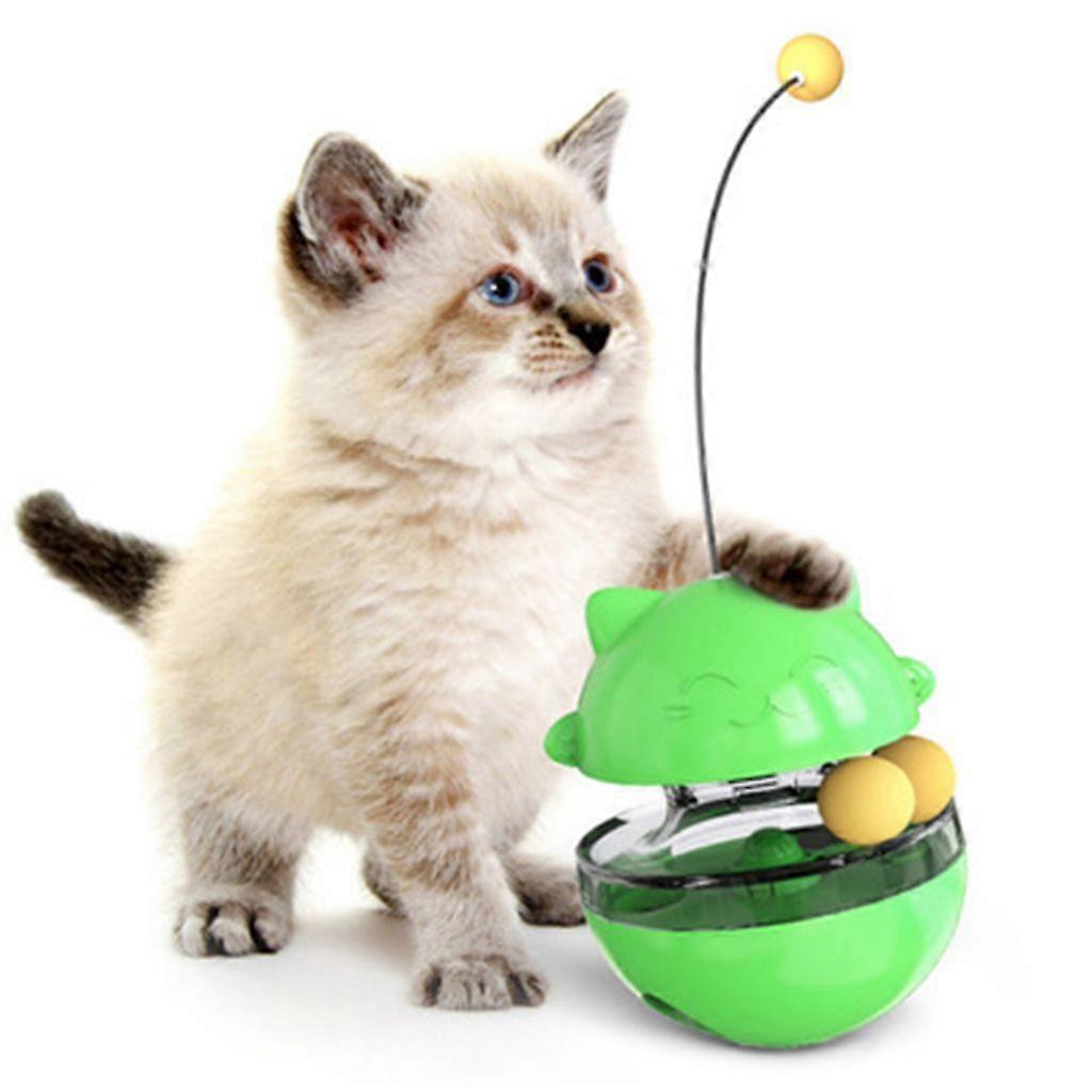 Cat Slow Treat Toy - Fun Tumbler Style Interactive Treat Toy with Two Rolling Balls and Removable Wand (Green)