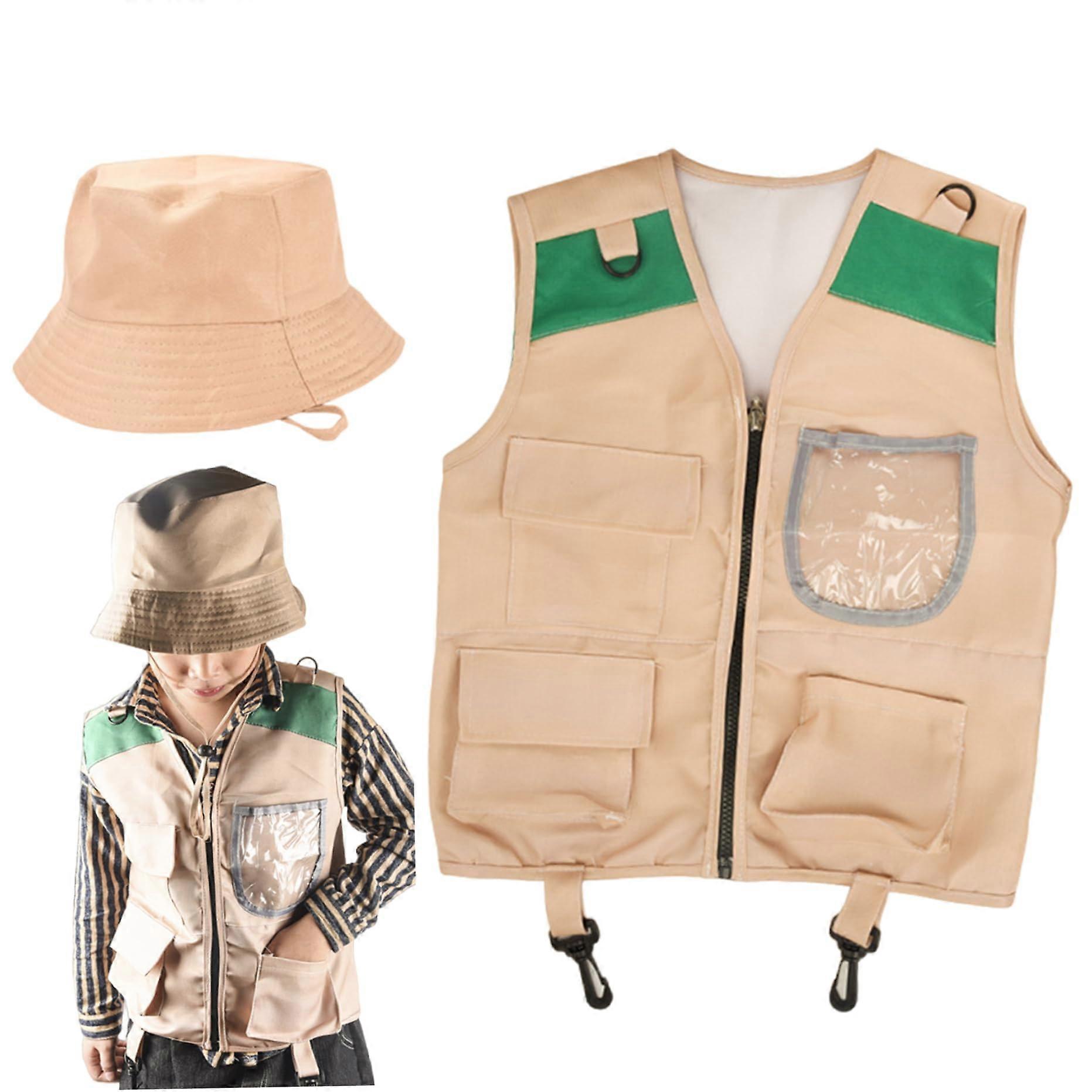 Paleontologist Costume for Children, Green Fabric Vest and Hat, Zoo Keeper Dress Up Costume for Halloween and Cosplay