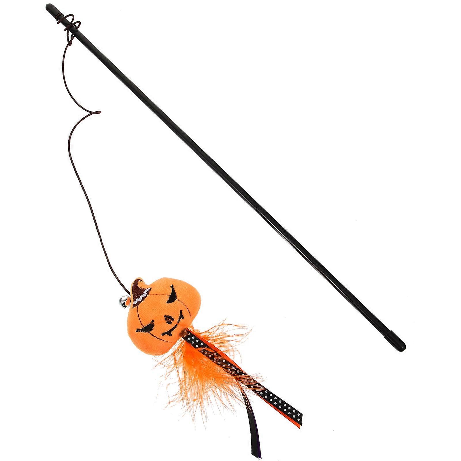 Halloween Cat Teaser Stick with Cute Yellow Pumpkin Design, Interactive Wand for Cats and Kittens, Safe Material to Encourage Scratching, Chasing,