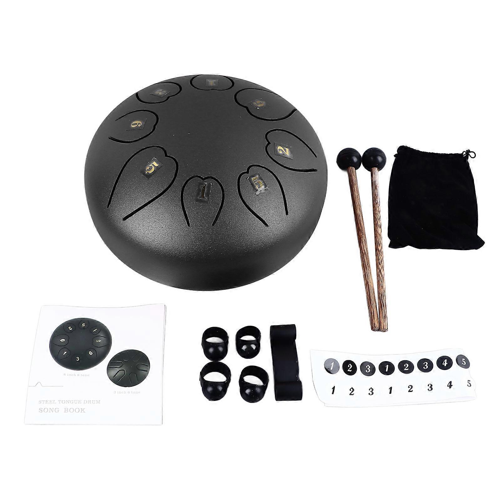 Tongue Drum 6 Inch 8 Note Clear Resonant Pleasant Sound Worry Free Steel Hand Drum Mini Percussion Instrument Black