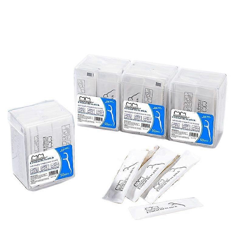 4 boxes of 50 each - Pack Dental Floss Picks with Extra Strong UHMWPE Floss, Curved Toothpick Design for Deep Cleaning, Easy Grip Handle, Food Grade M
