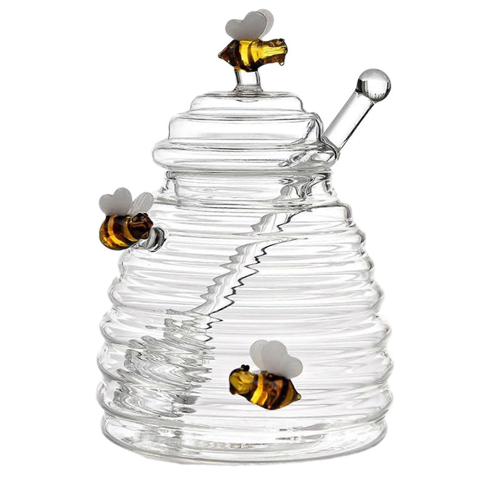 Honey Pot Set 500ml Transparent Jar With Dipper And Lid, Drizzler For Syrup, Cute Honeybees Kitchen Accessory