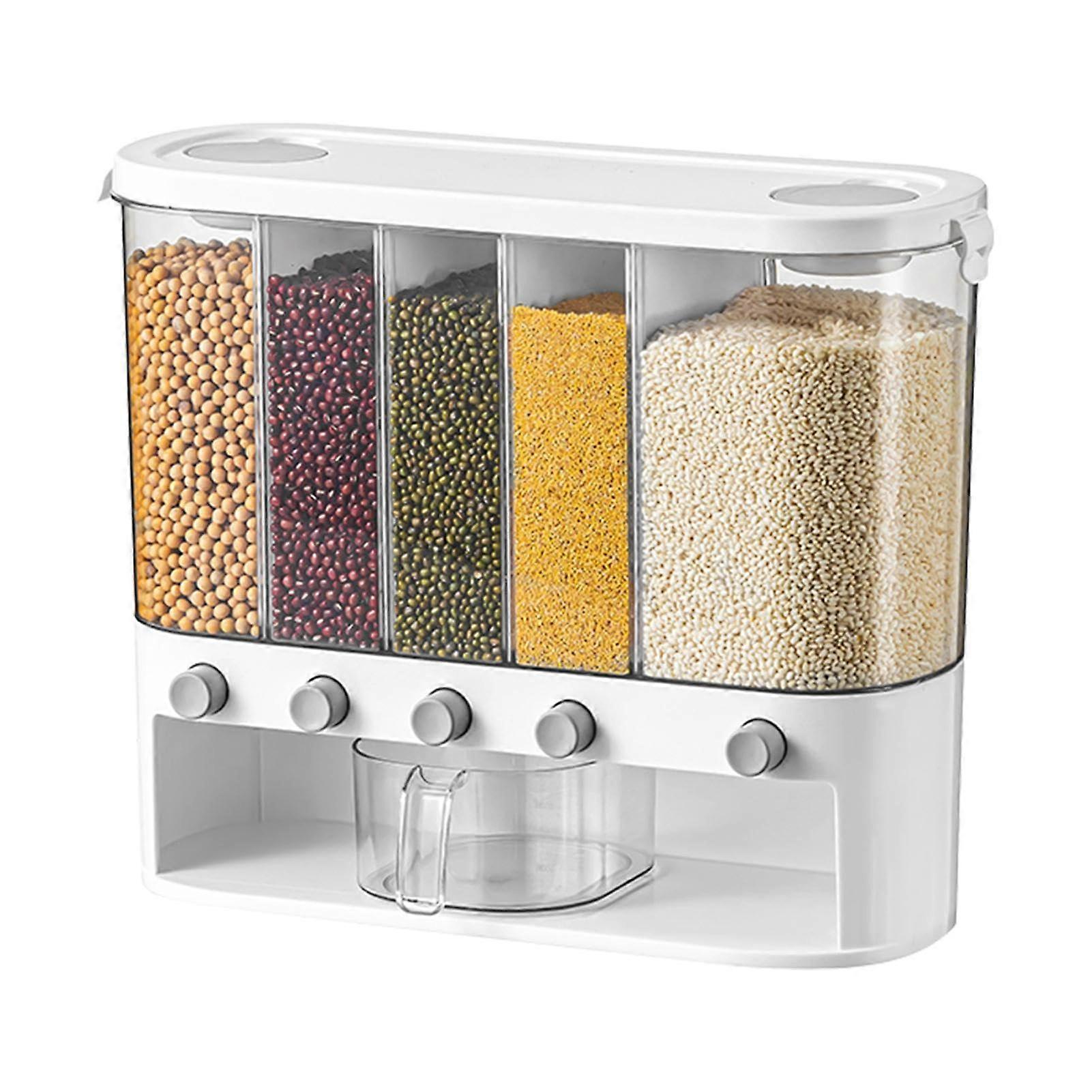 Airtight Cereal Dispenser 5 Grid 12 Litre Dry Food Container For Soybeans Grains Flour Countertop Or Wall Mounted