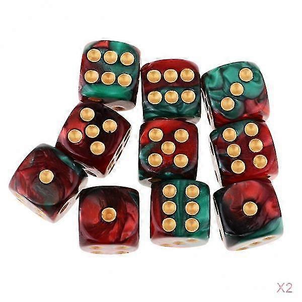 20 Pcs Coloured 6 Sided 16mm D6 Gaming Dice Set Red + Green with Golden Pips