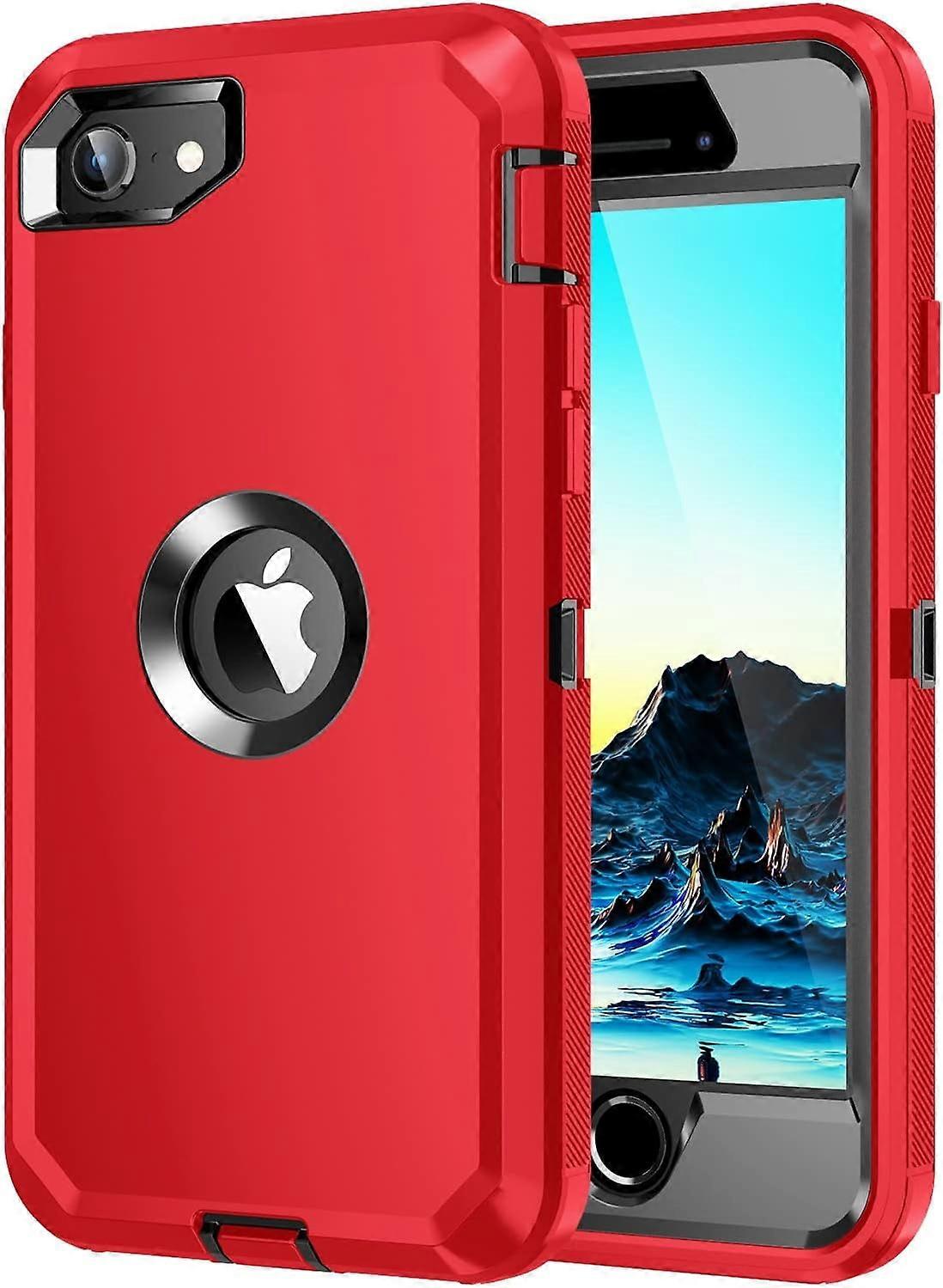 Rugged Case for iPhone SE 2022/2020 with Built-in Screen Protector, Shockproof Dustproof 3-Layer Protection, Red/Black