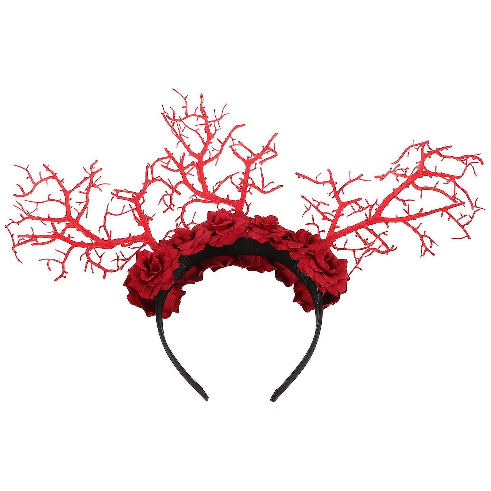 Tree Branch Headband Simulated Flowers for Party 4Pcs Lightweight Red Cosplay Accessory