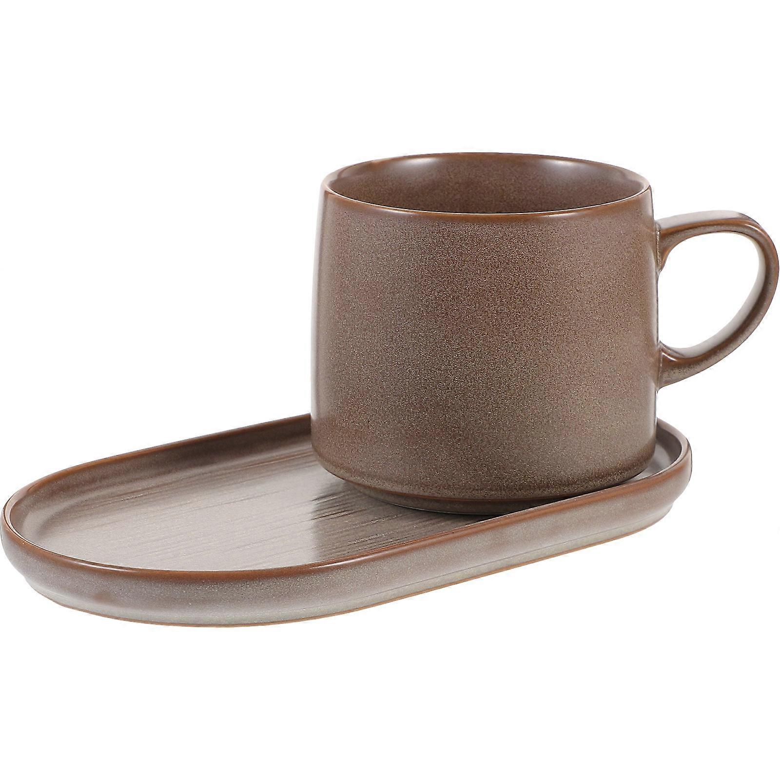 Brown Ceramic Mug with Saucer for Coffee Drinking 2Sets Provided