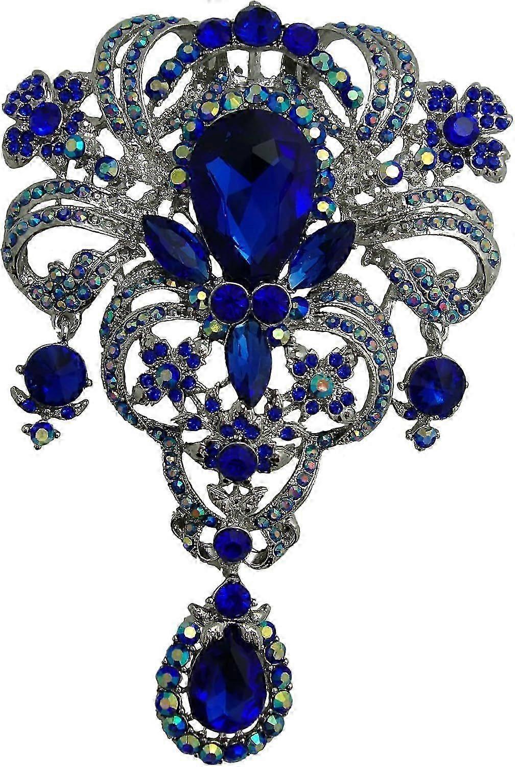 Classic Style Flower Drop Brooch Pin Rhinestone Crystal Pendant  Blue