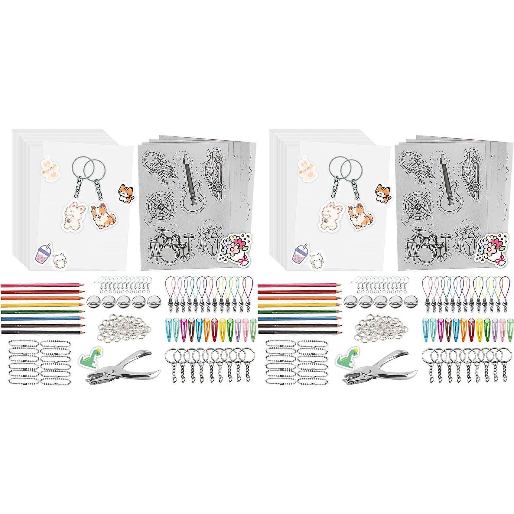 2X A5 ShrinkyDink Keychain Kit, Shrink Dinks Paper Kits for Kids DIY Art Craft with Keychain Earring HairClips Brooch