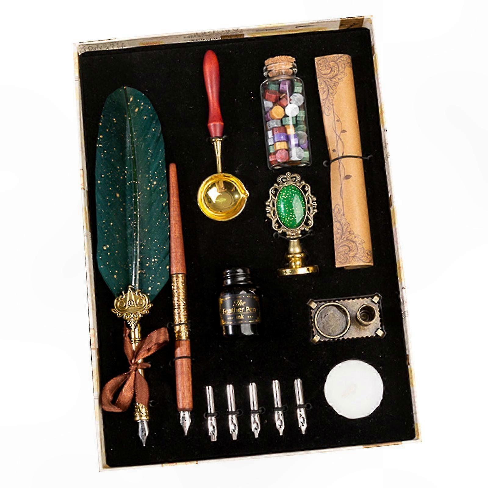 Vintage Feather Quill Pen Set with 5 Nibs, Ink Bottle - Calligraphy Kit for Kids & Beginners, Wine Red