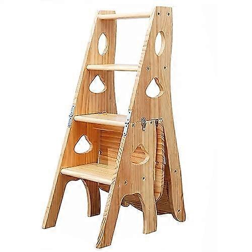 3 in 1 Wooden Folding Library Ladder Chair With Storage Shelf Multifunctional Step Stool Display Ladder 331lbs Log Color
