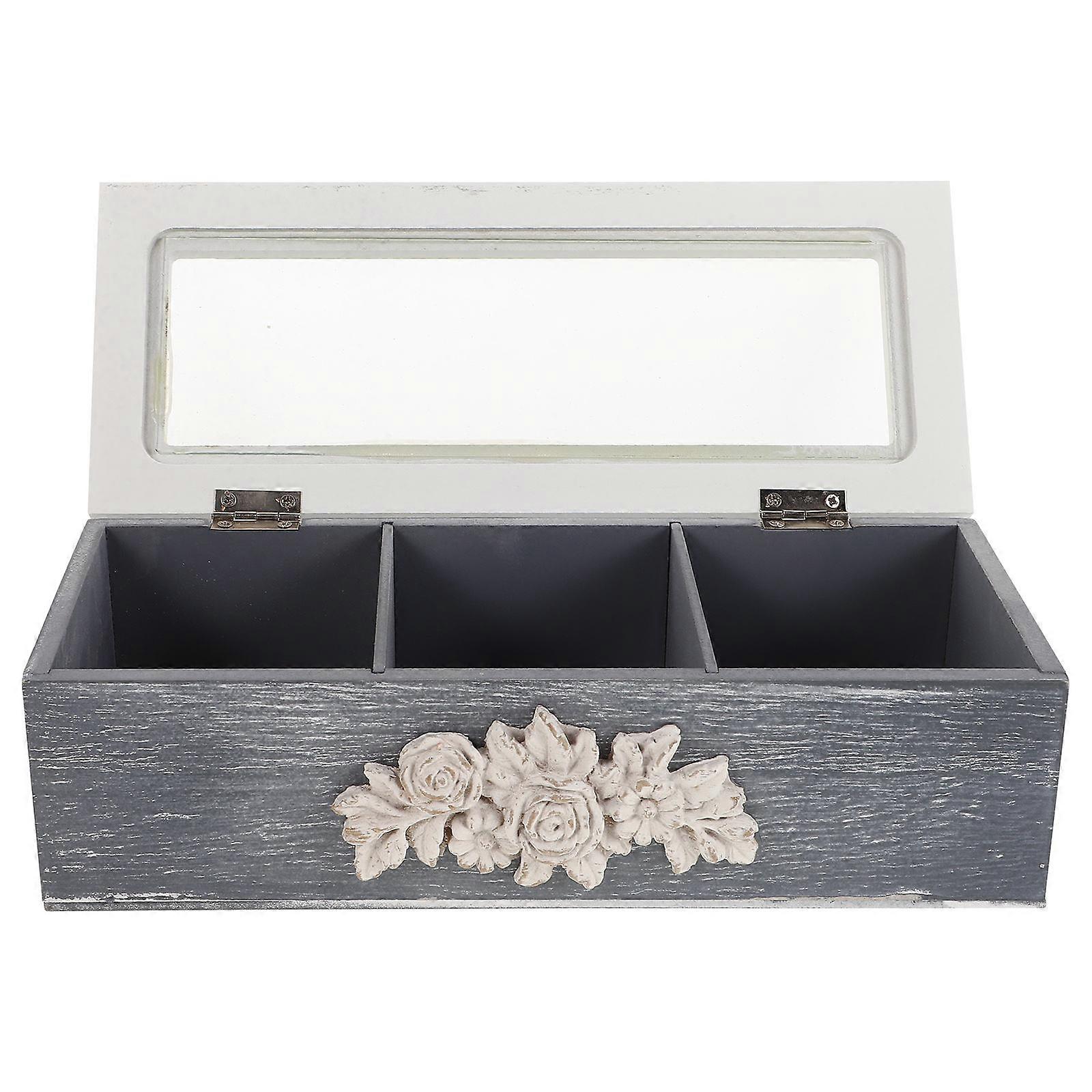 Joyero de madera con 3 compartimentos para guardar bolsitas de té.