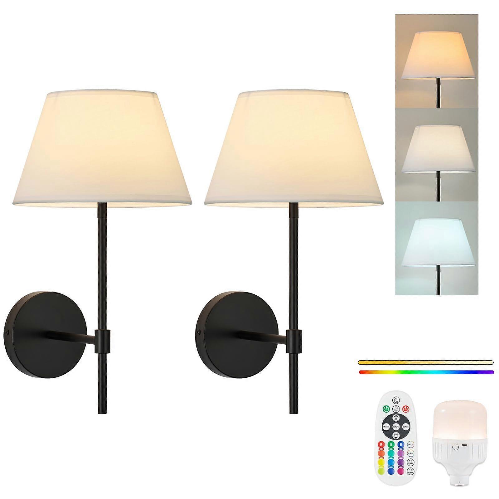 Battery Operated Wall Sconces Set of Two Wireless Dimmable LED Lamps with Remote No Wiring Required Black