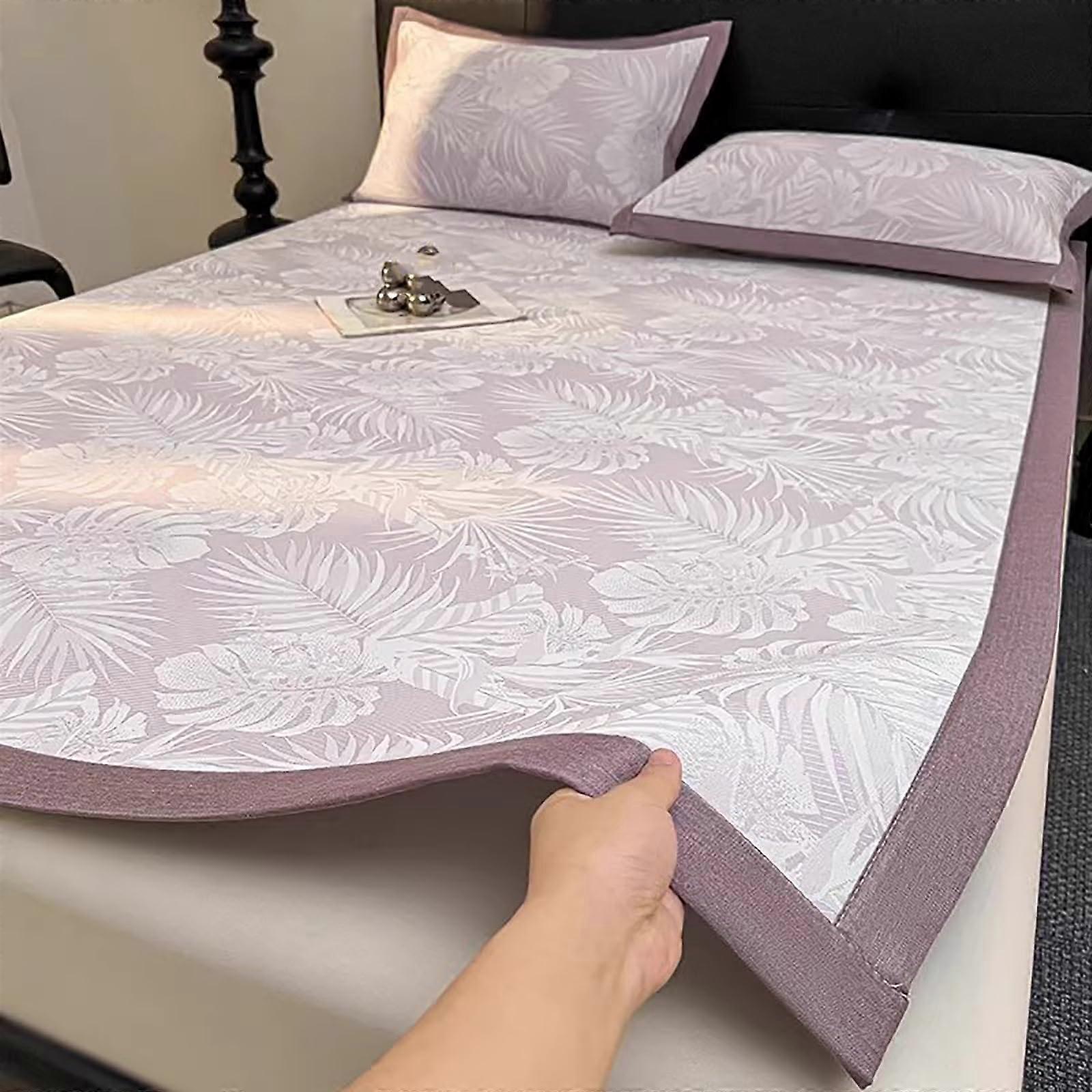 Cooling Mattress Pad Ice Silk Breathable Summer Sleeping Mat with Pillowcases Foldable 71x79in Purple
