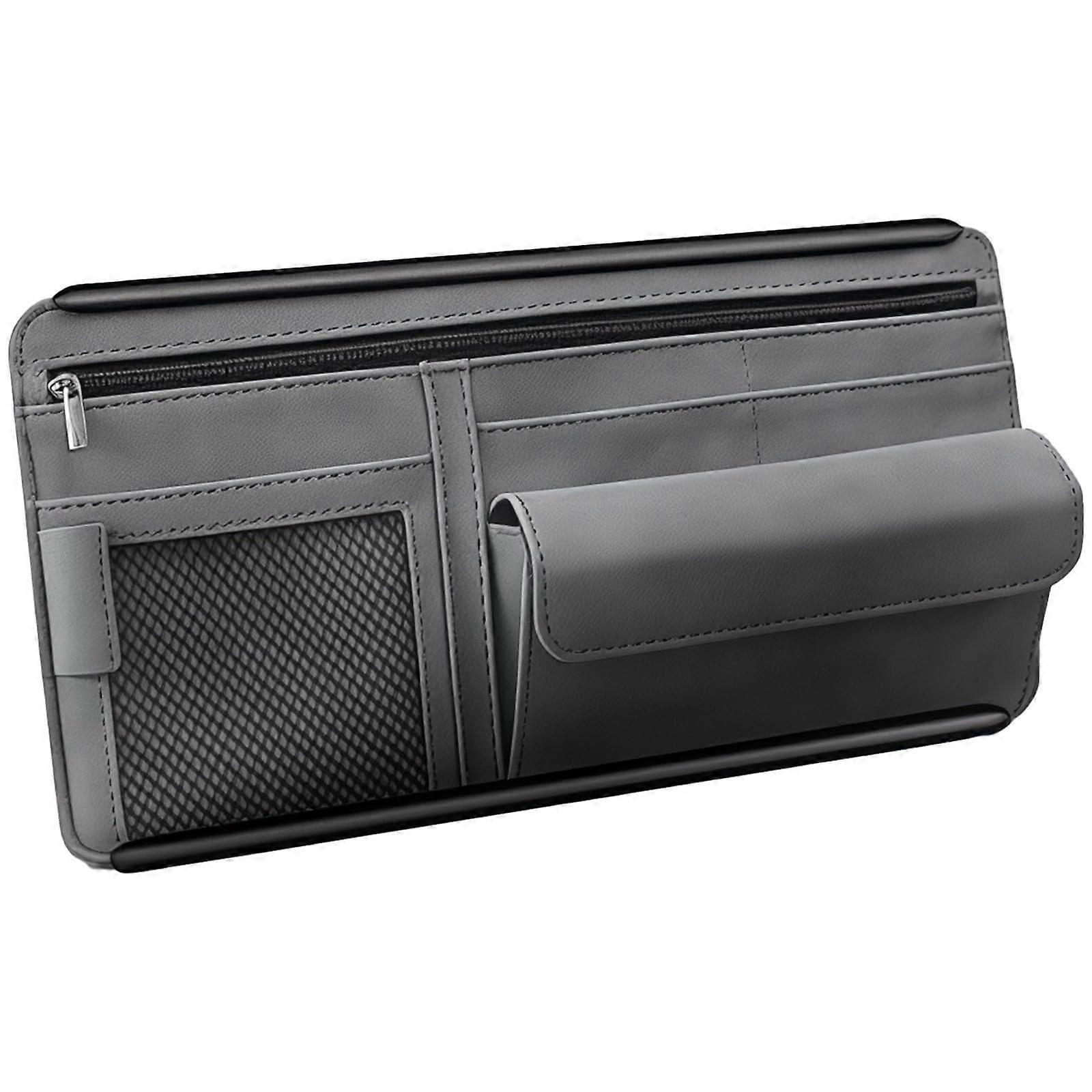 Leather Car Visor Organizer with Zipper, Mesh Pockets and MultiFunction Storage Case Grey