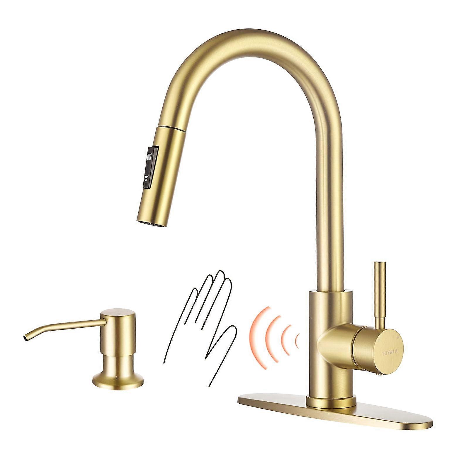 Touchless Kitchen Faucet with Pull Down Sprayer, Brushed Gold Motion Sensor Sink Tap with Soap Dispenser