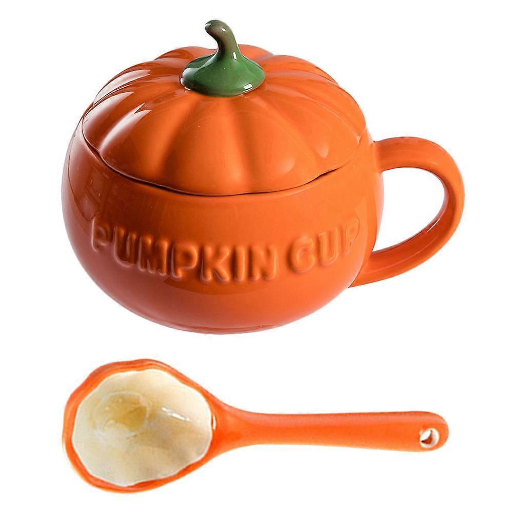 Creative Pumpkin Cup Ceramic Halloween Cup with Spoon 2Sets for Storing